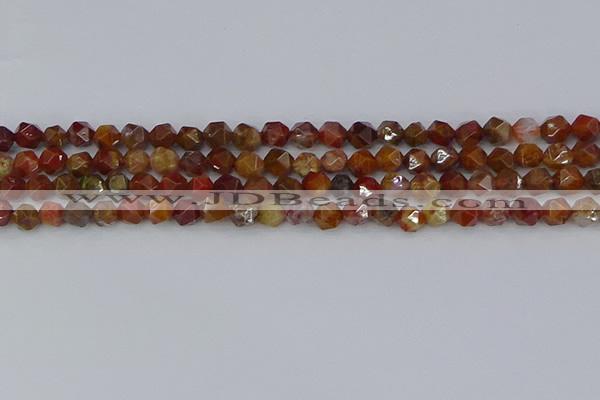 CAA1000 15.5 inches 6mm faceted nuggets red moss agate beads