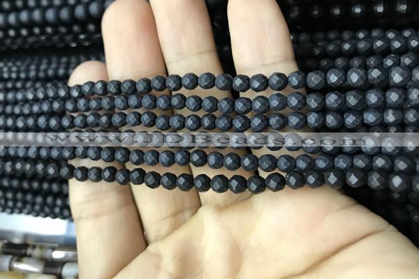 CAA2436 15.5 inches 3mm faceted round matte black agate beads