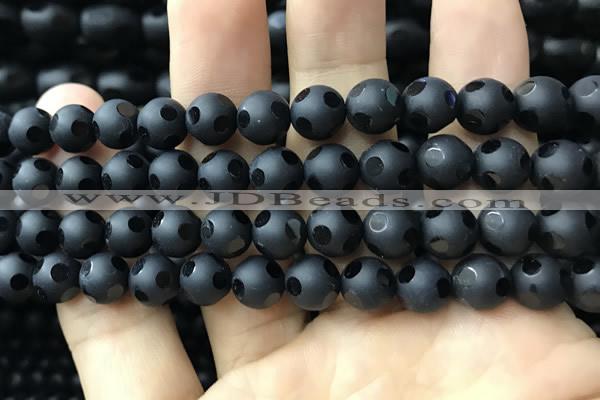 CAA2460 15.5 inches 10mm carved round matte black agate beads