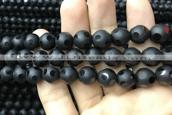 CAA2462 15.5 inches 14mm carved round matte black agate beads