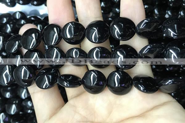 CAA2530 15.5 inches 18mm flat round black agate beads wholesale