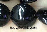 CAA2531 15.5 inches 20mm flat round black agate beads wholesale