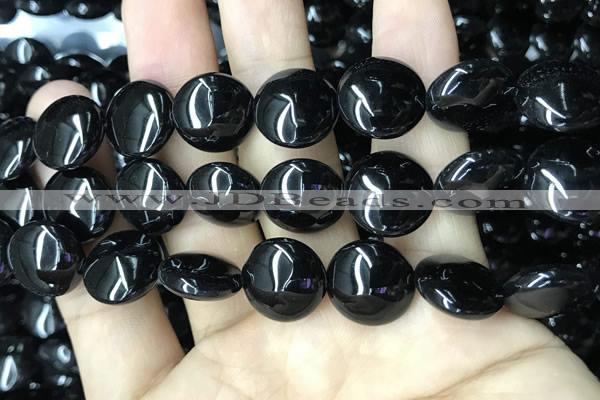 CAA2531 15.5 inches 20mm flat round black agate beads wholesale