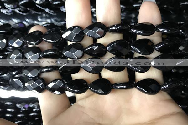 CAA2601 15.5 inches 10*14mm faceted flat teardrop black agate beads