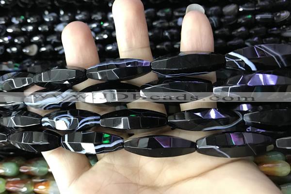 CAA2656 15.5 inches 10*30mm faceted rice banded black agate beads