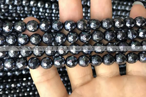 CAA3556 15.5 inches 8mm faceted round AB-color black agate beads