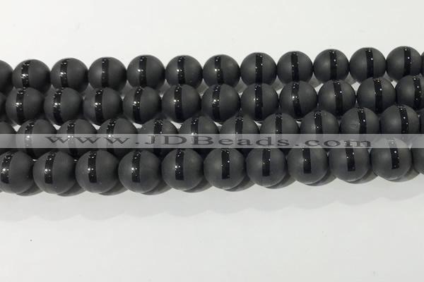 CAA3652 15.5 inches 10mm round matte & carved black agate beads