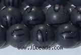 CAA3661 15.5 inches 8mm round matte & carved black agate beads