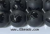 CAA3667 15.5 inches 10mm round matte & carved black agate beads