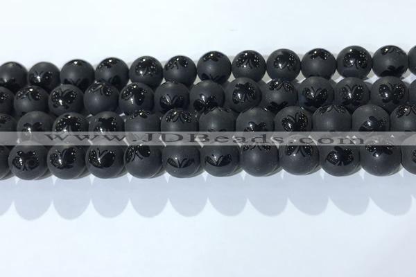 CAA3667 15.5 inches 10mm round matte & carved black agate beads