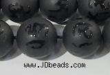 CAA3677 15.5 inches 10mm round matte & carved black agate beads