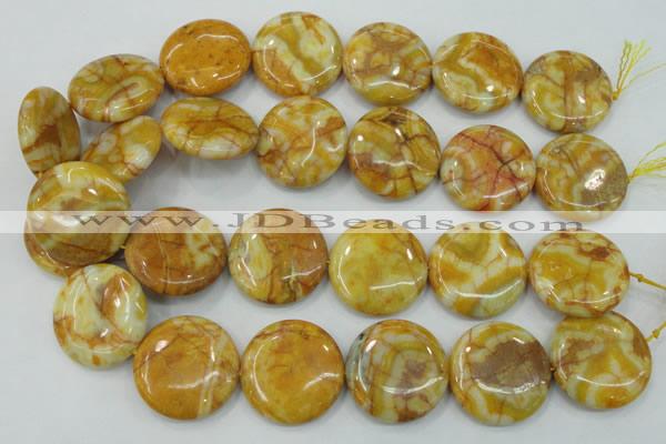 CAB946 15.5 inches 30mm flat round yellow crazy lace agate beads