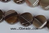 CAG3152 15.5 inches 16mm twisted coin brown line agate beads