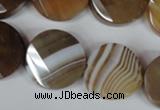 CAG3160 15.5 inches 20mm faceted & twisted coin brown line agate beads