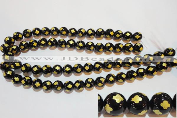 CAG3363 15.5 inches 10mm carved round black agate beads wholesale