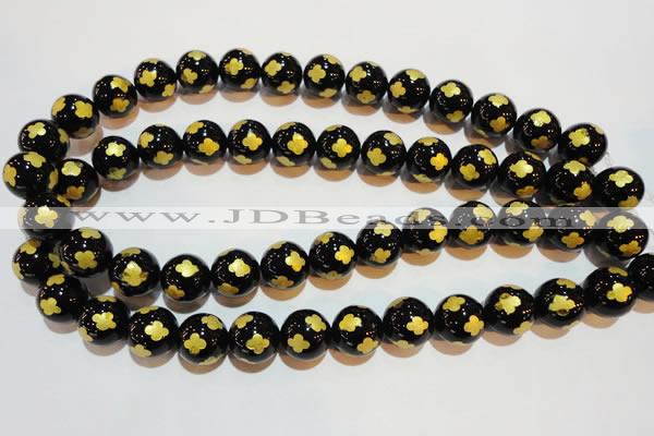 CAG3365 15.5 inches 14mm carved round black agate beads wholesale