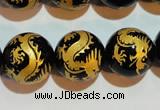 CAG3383 15.5 inches 16mm carved round black agate beads wholesale