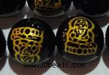 CAG3388 15.5 inches 16mm carved round black agate beads wholesale