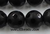 CAG3678 15.5 inches 22mm carved round matte black agate beads