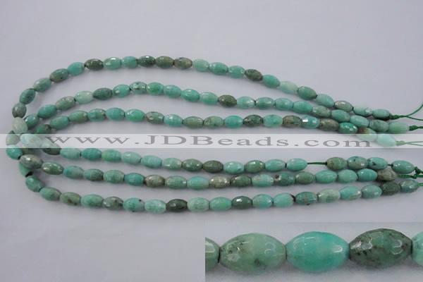 CAG3918 15.5 inches 6*10mm faceted rice green grass agate beads