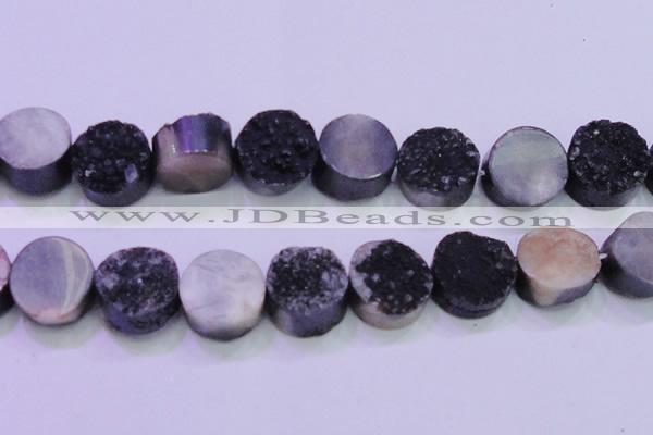 CAG8407 7.5 inches 30mm coin black plated druzy agate beads