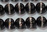 CAG8631 15.5 inches 10mm round black agate with rhinestone beads