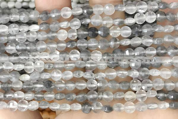 CCB533 15.5 inches 4mm faceted coin cloudy quartz beads