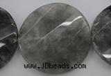 CCQ277 15.5 inches 40mm faceted & twisted coin cloudy quartz beads