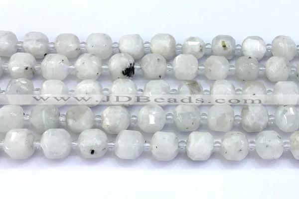 CCU1285 15 inches 9mm - 10mm faceted cube white moonstone beads