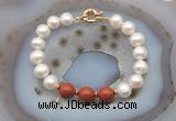 CFB1046 Hand-knotted 9mm - 10mm potato white freshwater pearl & red jasper bracelet