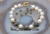 CFB1058 Hand-knotted 9mm - 10mm potato white freshwater pearl & snowflake obsidian bracelet