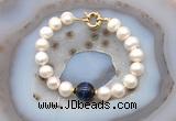 CFB1072 Hand-knotted 9mm - 10mm potato white freshwater pearl & blue tiger eye bracelet