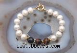 CFB1073 Hand-knotted 9mm - 10mm potato white freshwater pearl & mixed tiger eye bracelet