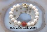 CFB1078 Hand-knotted 9mm - 10mm potato white freshwater pearl & red agate bracelet