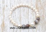 CFB607 6-7mm potato white freshwater pearl & Botswana agate stretchy bracelet