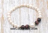 CFB619 6-7mm potato white freshwater pearl & red tiger eye stretchy bracelet