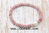 CFB727 faceted rondelle pink wooden jasper & potato white freshwater pearl stretchy bracelet