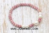 CFB729 faceted rondelle pink wooden jasper & potato white freshwater pearl stretchy bracelet