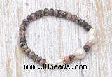 CFB765 faceted rondelle rhodonite & potato white freshwater pearl stretchy bracelet