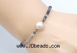 CFB811 4mm faceted round black rutilated quartz & potato white freshwater pearl bracelet