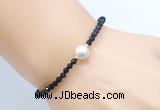 CFB827 4mm faceted round black spinel & potato white freshwater pearl bracelet