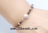 CFB839 4mm faceted round brown zebra jasper & potato white freshwater pearl bracelet