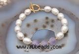 CFB905 Hand-knotted 9mm - 10mm rice white freshwater pearl & lavender amethyst bracelet