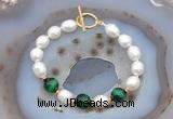 CFB917 Hand-knotted 9mm - 10mm rice white freshwater pearl & green tiger eye bracelet