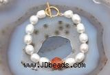 CFB921 Hand-knotted 9mm - 10mm rice white freshwater pearl & red banded agate bracelet