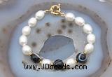 CFB923 Hand-knotted 9mm - 10mm rice white freshwater pearl & black banded agate bracelet