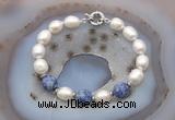 CFB942 Hand-knotted 9mm - 10mm rice white freshwater pearl & blue spot stone bracelet