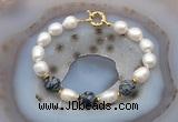 CFB956 Hand-knotted 9mm - 10mm rice white freshwater pearl & snowflake obsidian bracelet