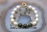 CFB958 Hand-knotted 9mm - 10mm rice white freshwater pearl & golden obsidian bracelet