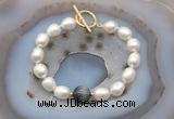 CFB960 Hand-knotted 9mm - 10mm rice white freshwater pearl & eagle eye jasper bracelet